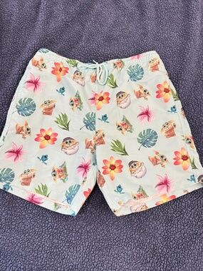 Star Wars Men Mandalorian Swim Trunks Shorts Sz lg Grogu Baby Yoda Blue Tropical
